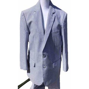 Vtg HTF 80s Nautical Blue Ivy Seersucker Silk Suit Blazer Pants Men’s 34W 40R